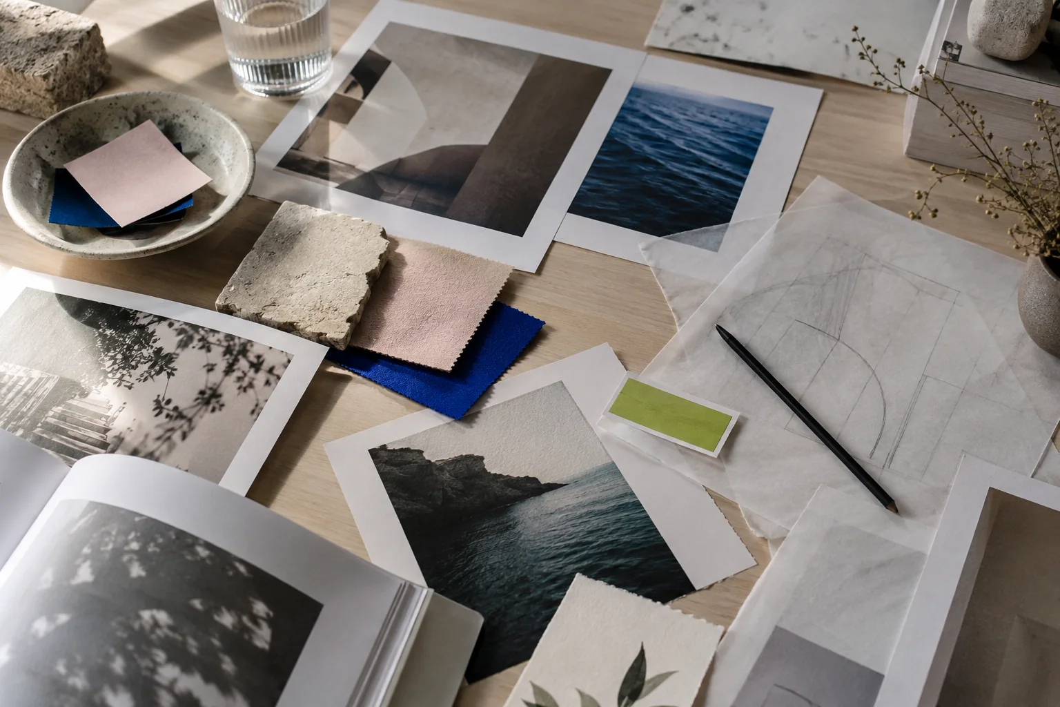 Colour swatches, photographs and paper studies arranged on a worktable