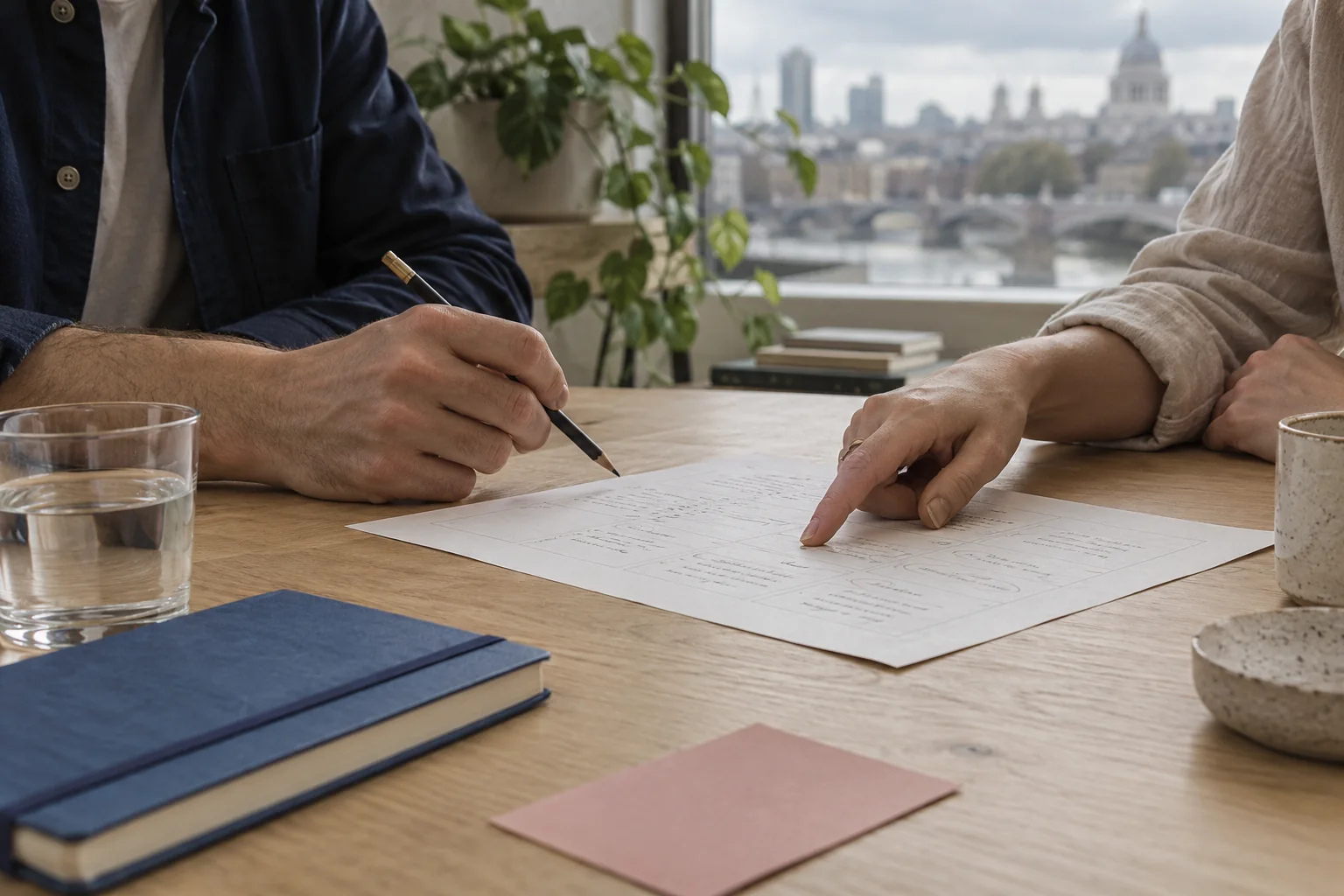 Illustrative close-up of a planning conversation over a working document