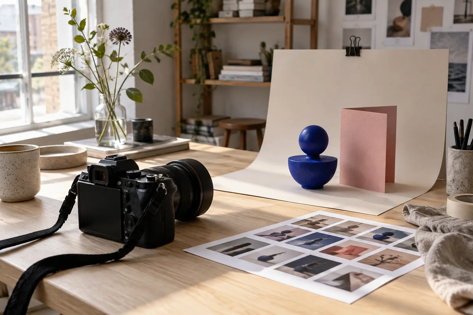 A camera and a tabletop composition with blue and pink objects